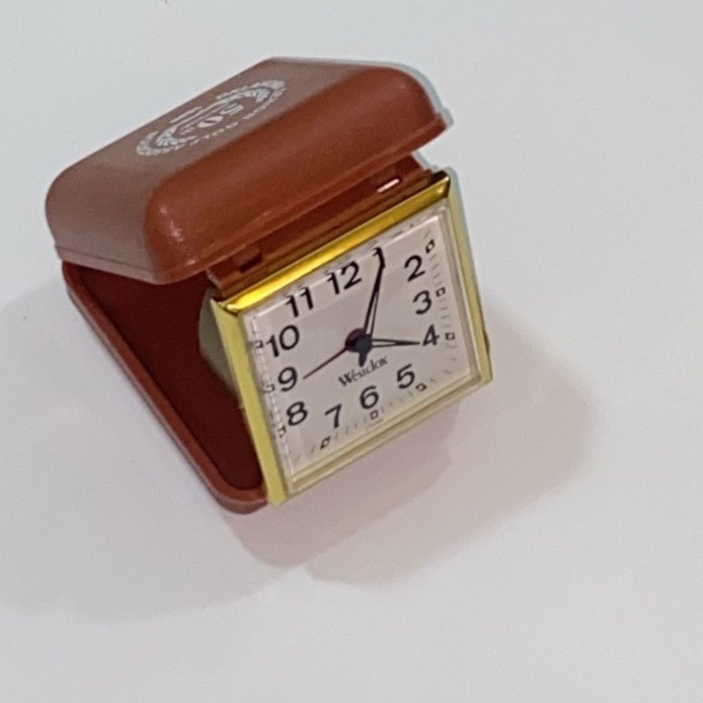 Vintage Travel Alarm Clock in Brown And White Case